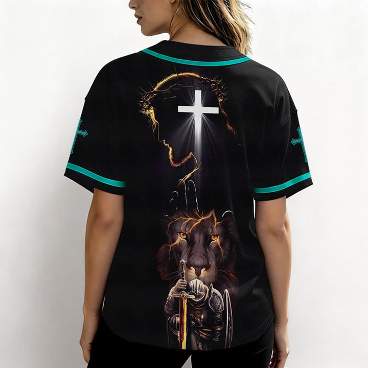 Christianartworkshop Schwarzes Baseballtrikot mit Knöpfen mit Jesus-Löwen-Motiv - image 38
