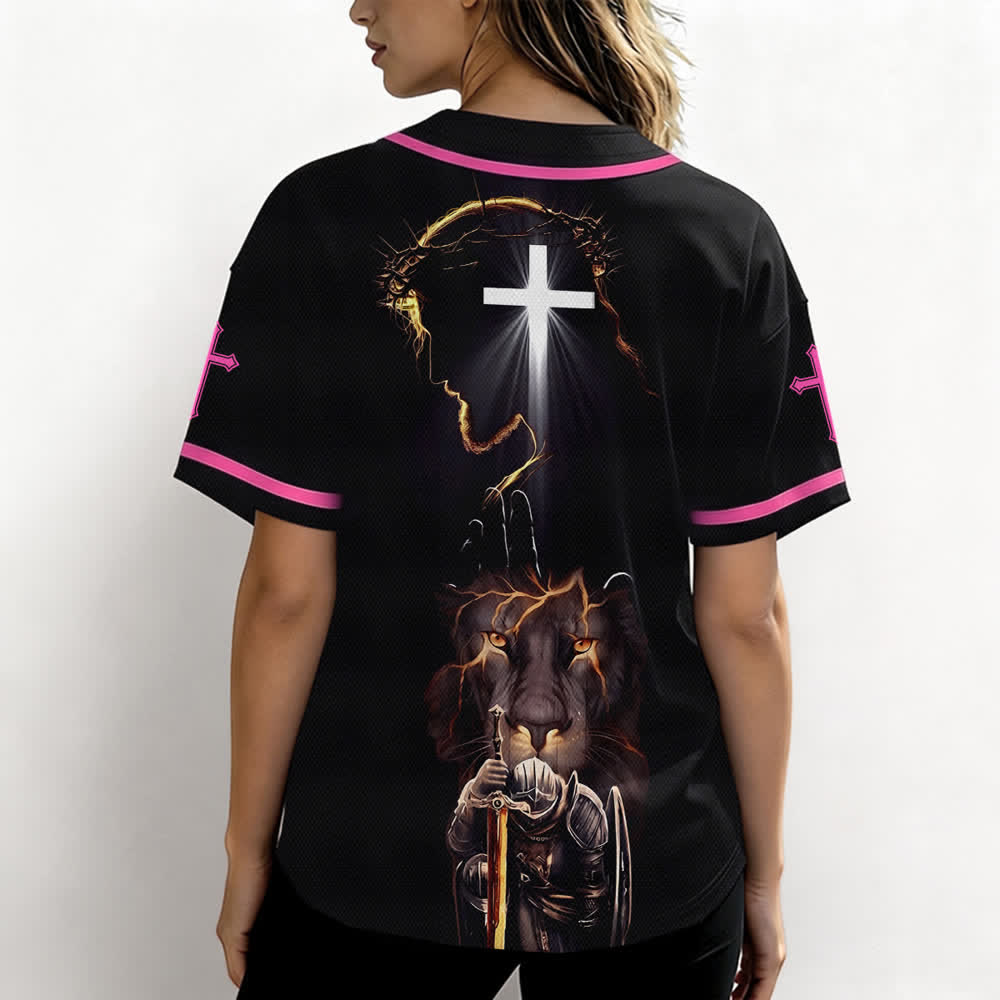 Christianartworkshop Schwarzes Baseballtrikot mit Knöpfen mit Jesus-Löwen-Motiv - image 45