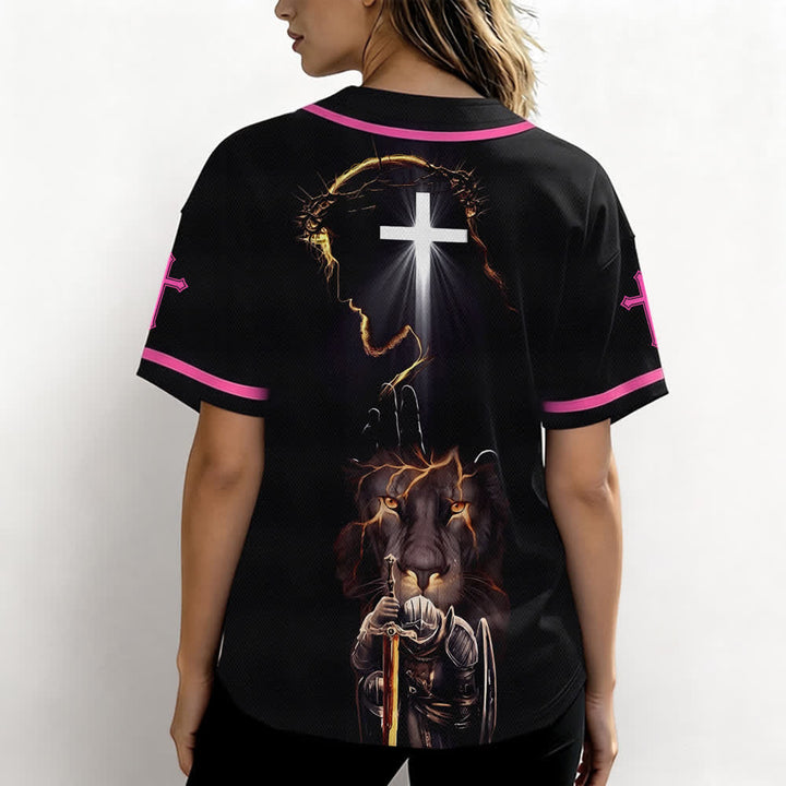 Christianartworkshop Schwarzes Baseballtrikot mit Knöpfen mit Jesus-Löwen-Motiv - image 45