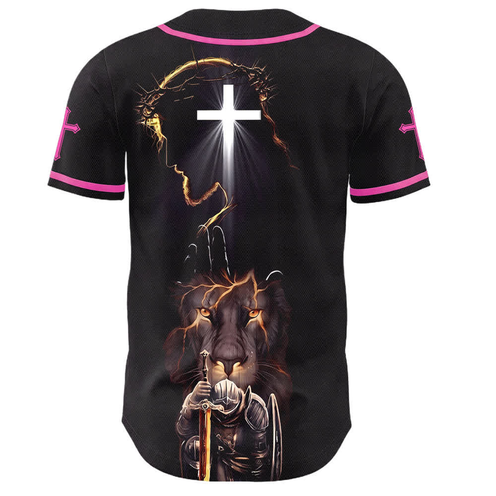 Christianartworkshop Schwarzes Baseballtrikot mit Knöpfen mit Jesus-Löwen-Motiv - image 43