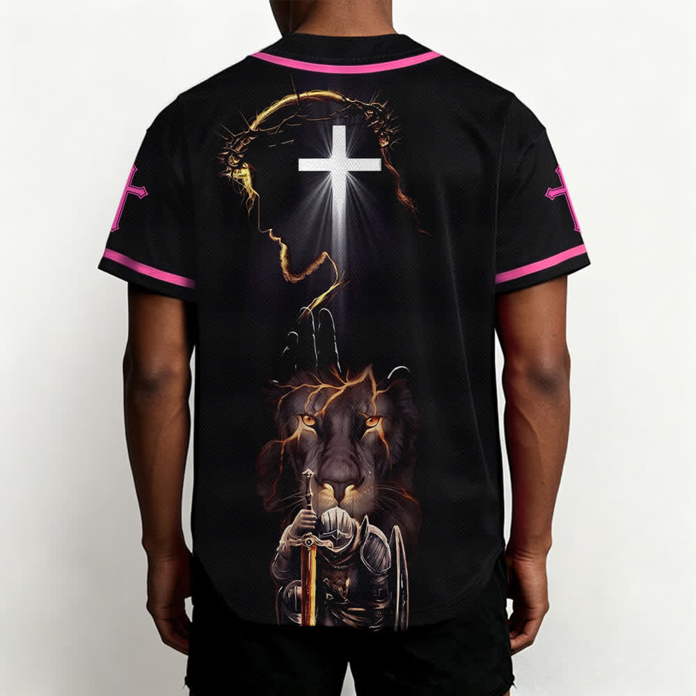 Christianartworkshop Schwarzes Baseballtrikot mit Knöpfen mit Jesus-Löwen-Motiv - image 47