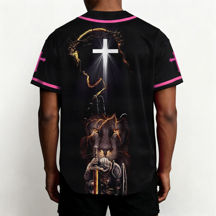 Christianartworkshop Schwarzes Baseballtrikot mit Knöpfen mit Jesus-Löwen-Motiv - image 47