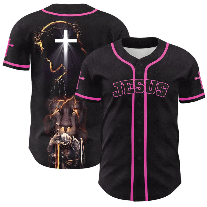 Christianartworkshop Schwarzes Baseballtrikot mit Knöpfen mit Jesus-Löwen-Motiv - Rosa - 5XL - image 42