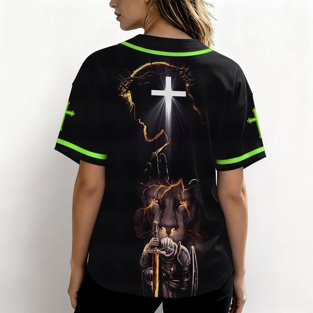 Christianartworkshop Schwarzes Baseballtrikot mit Knöpfen mit Jesus-Löwen-Motiv - image 52