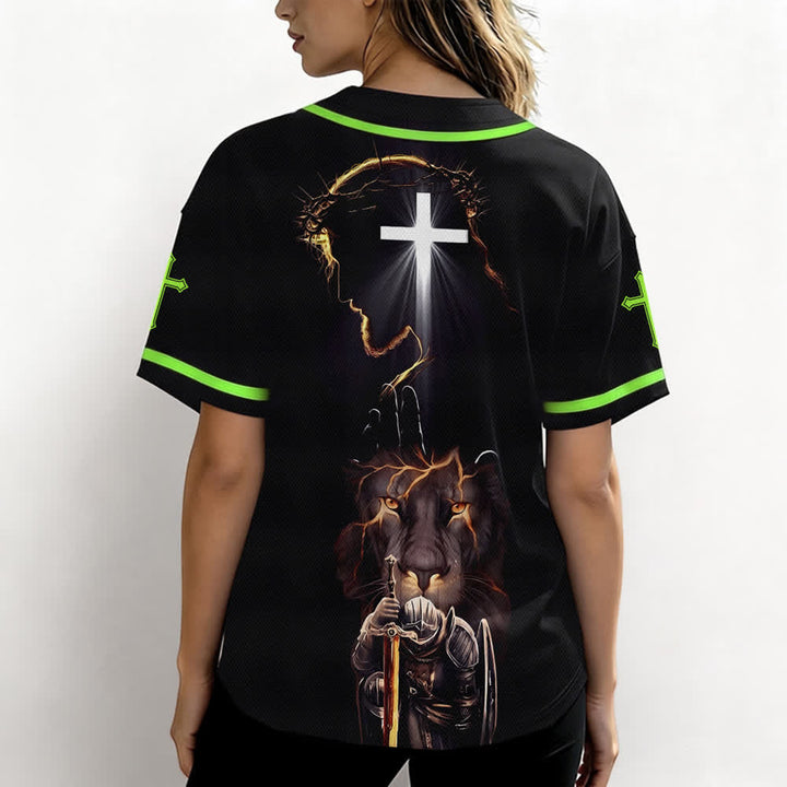 Christianartworkshop Schwarzes Baseballtrikot mit Knöpfen mit Jesus-Löwen-Motiv - image 52