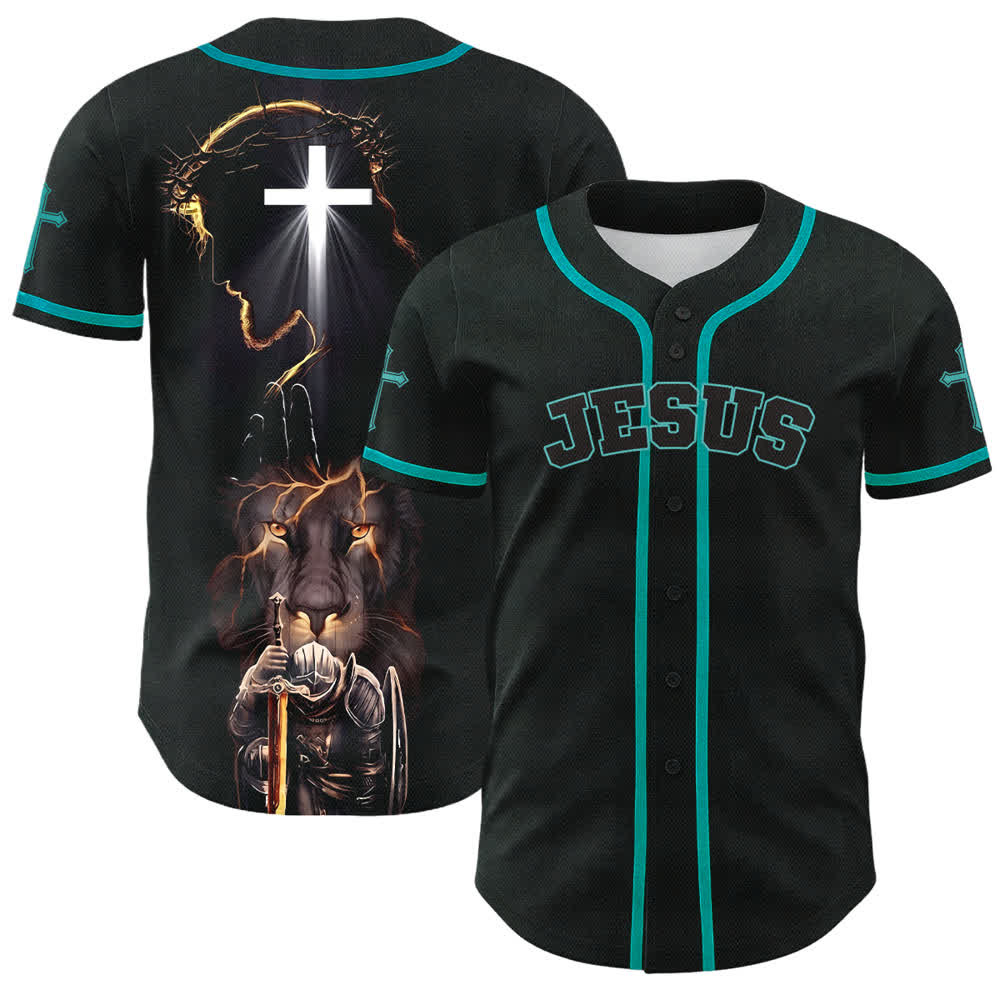 Christianartworkshop Schwarzes Baseballtrikot mit Knöpfen mit Jesus-Löwen-Motiv - Lake Blue - 5XL - image 35