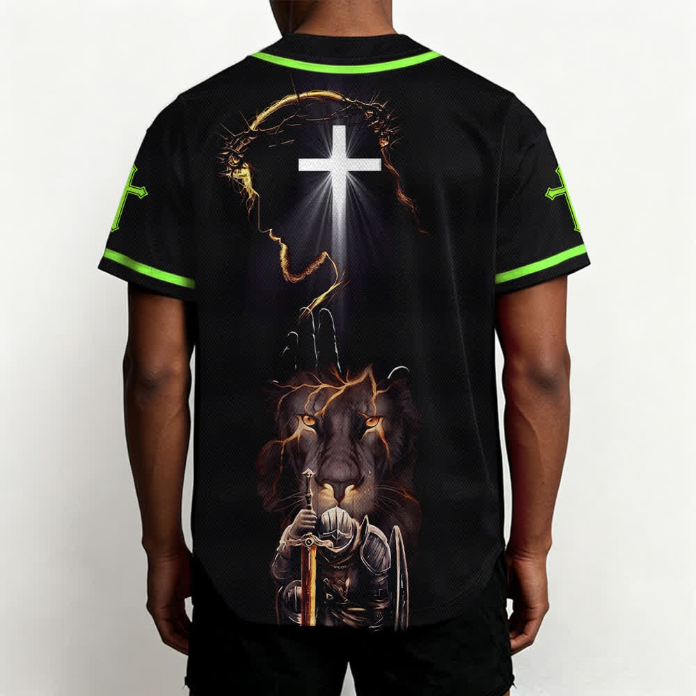 Christianartworkshop Schwarzes Baseballtrikot mit Knöpfen mit Jesus-Löwen-Motiv - image 54
