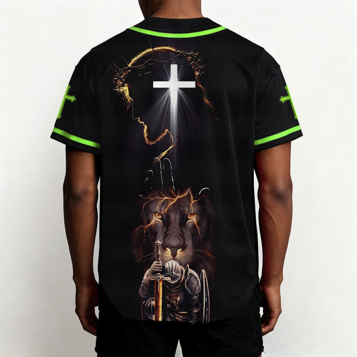 Christianartworkshop Schwarzes Baseballtrikot mit Knöpfen mit Jesus-Löwen-Motiv - image 54