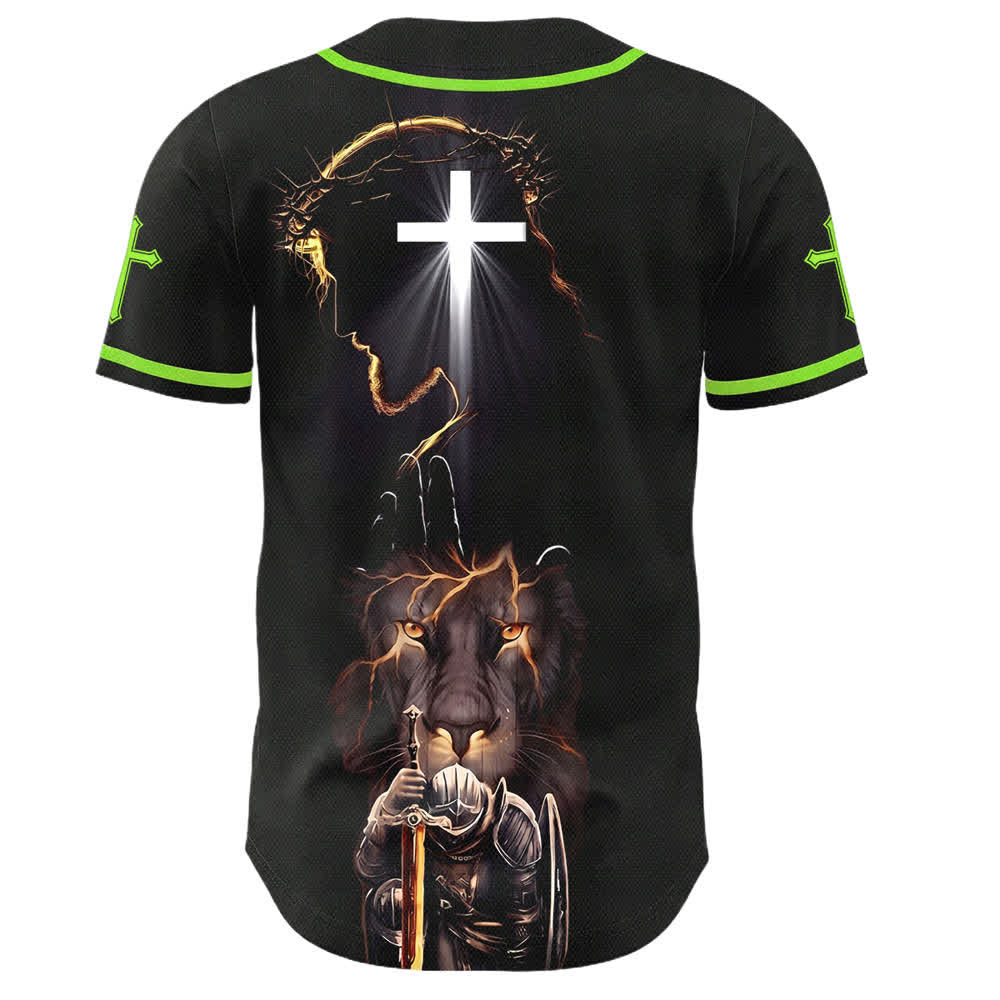 Christianartworkshop Schwarzes Baseballtrikot mit Knöpfen mit Jesus-Löwen-Motiv - image 50
