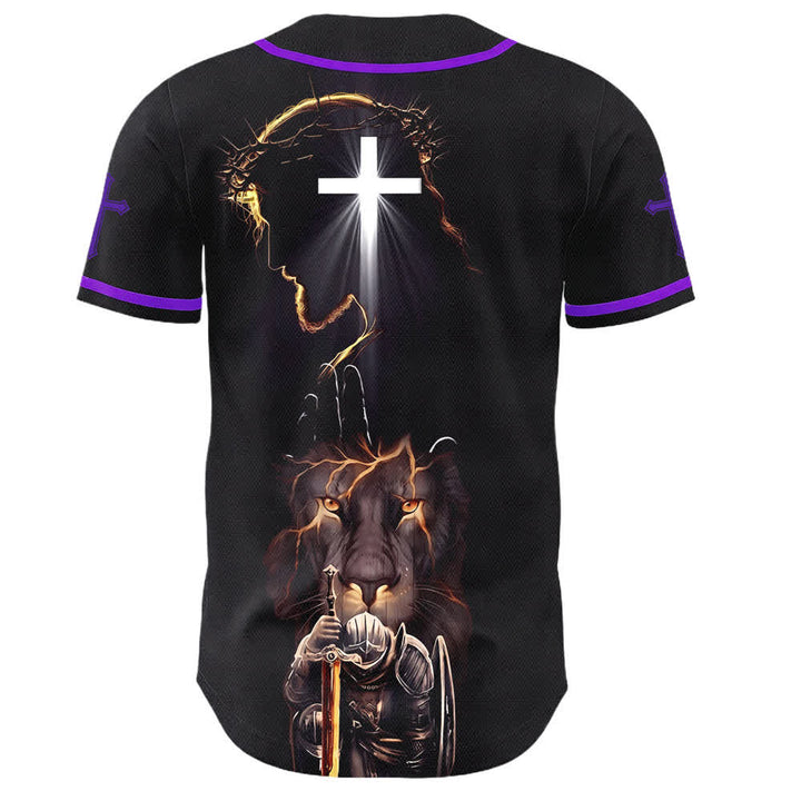 Christianartworkshop Schwarzes Baseballtrikot mit Knöpfen mit Jesus-Löwen-Motiv - image 57