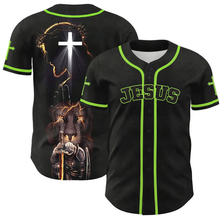 Christianartworkshop Schwarzes Baseballtrikot mit Knöpfen mit Jesus-Löwen-Motiv - Grün - 5XL - image 49