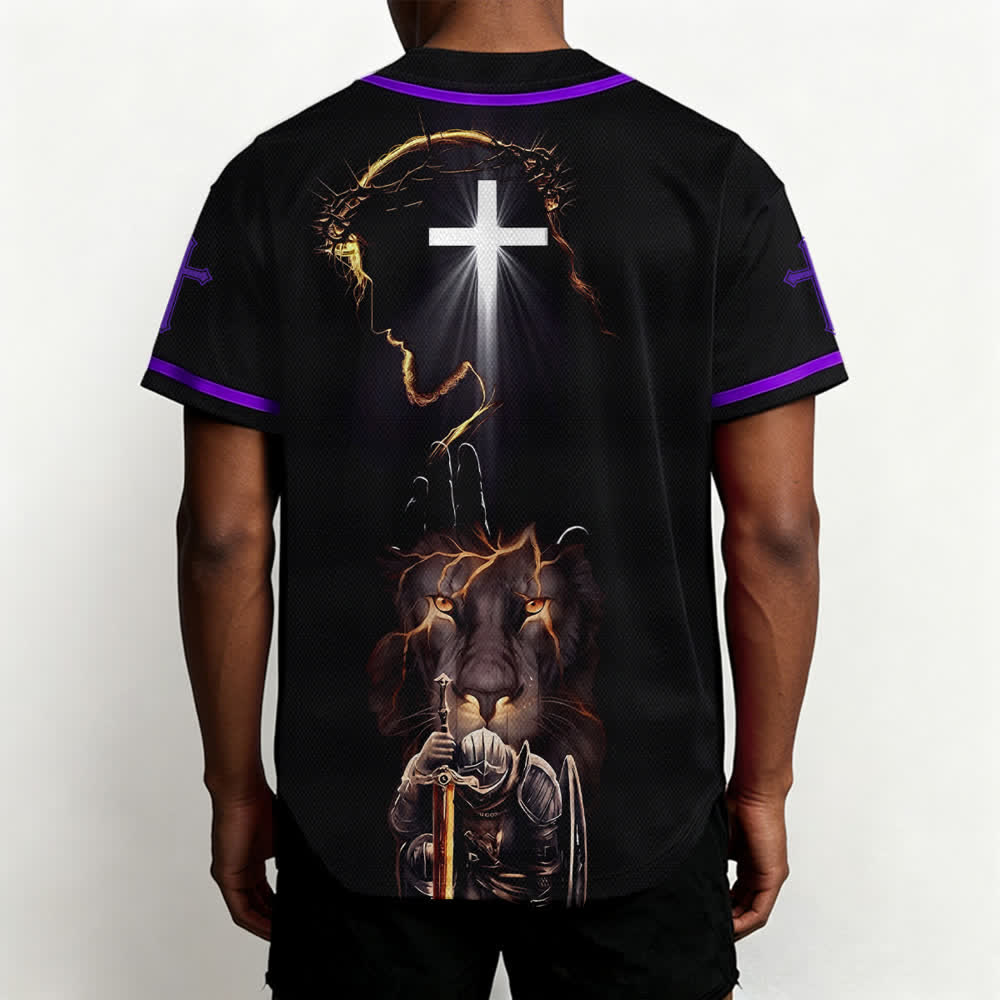 Christianartworkshop Schwarzes Baseballtrikot mit Knöpfen mit Jesus-Löwen-Motiv - image 61