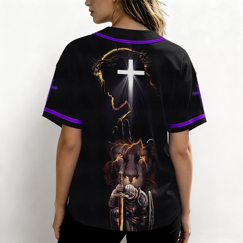 Christianartworkshop Schwarzes Baseballtrikot mit Knöpfen mit Jesus-Löwen-Motiv - image 59