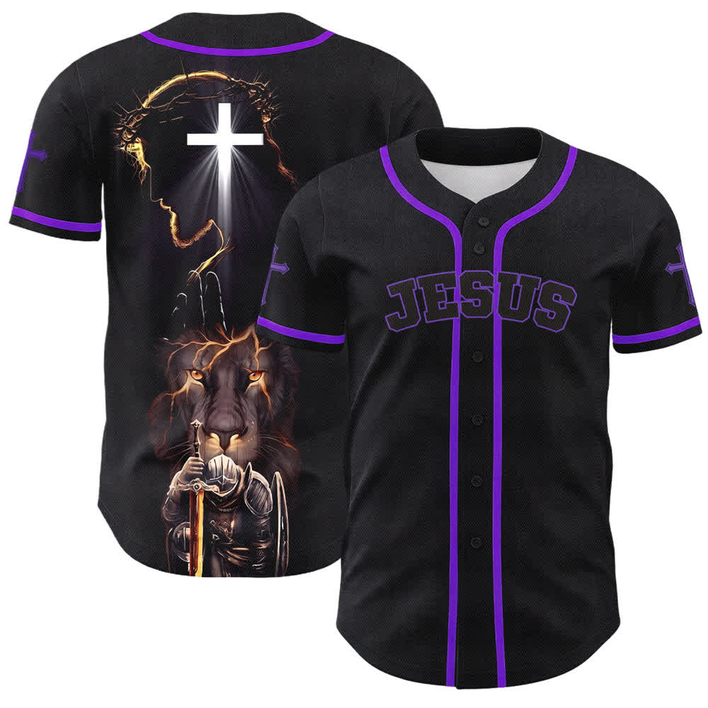 Christianartworkshop Schwarzes Baseballtrikot mit Knöpfen mit Jesus-Löwen-Motiv - Lila - 5XL - image 56