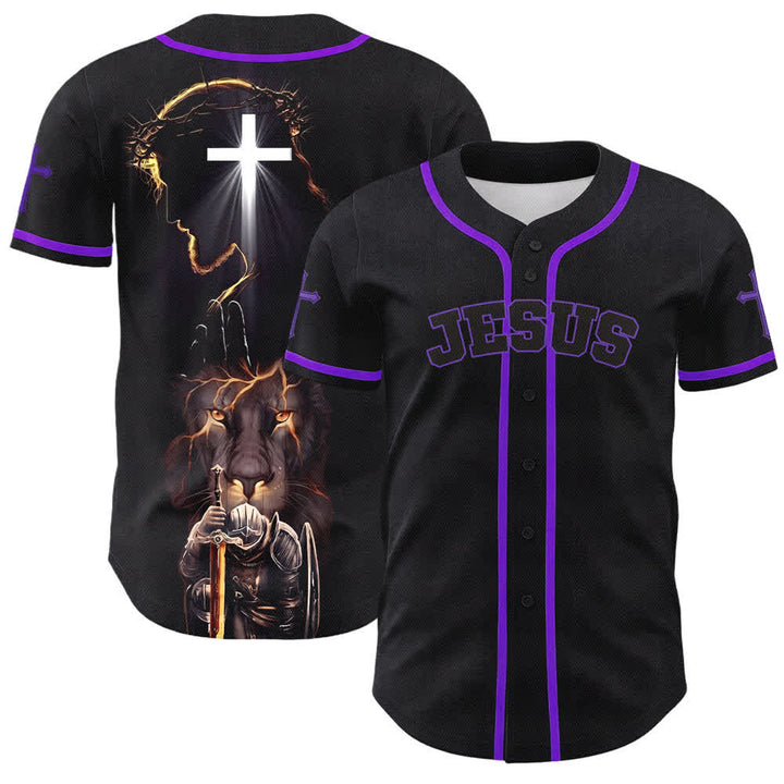 Christianartworkshop Schwarzes Baseballtrikot mit Knöpfen mit Jesus-Löwen-Motiv - Lila - 5XL - image 56