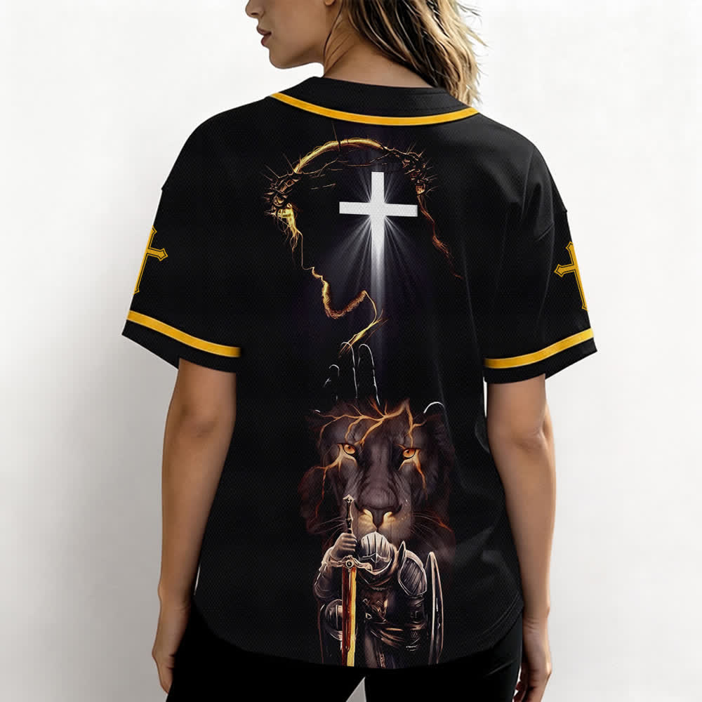 Christianartworkshop Schwarzes Baseballtrikot mit Knöpfen mit Jesus-Löwen-Motiv - image 17