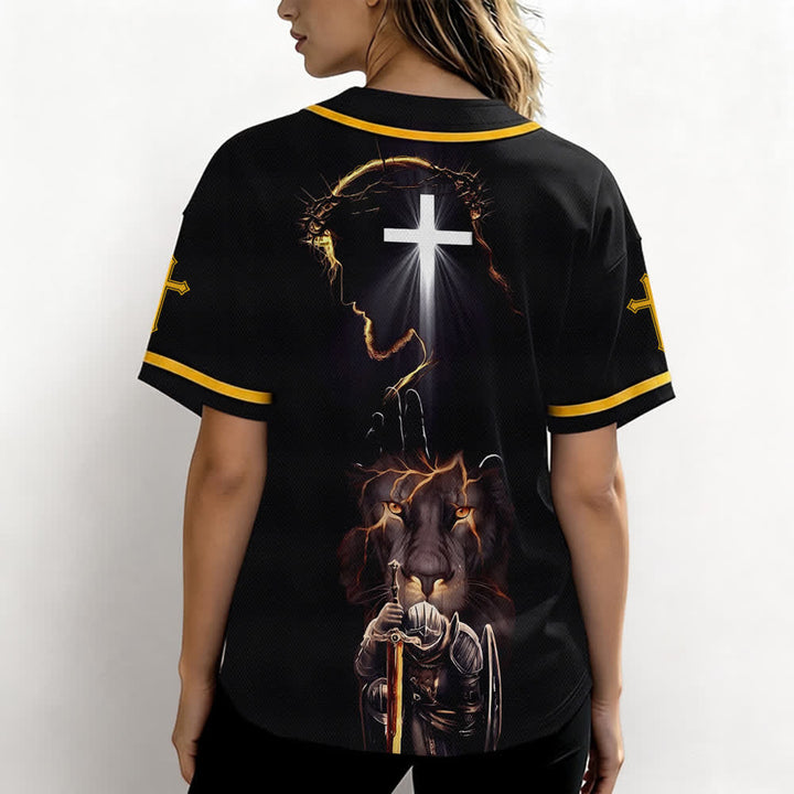 Christianartworkshop Schwarzes Baseballtrikot mit Knöpfen mit Jesus-Löwen-Motiv - image 17