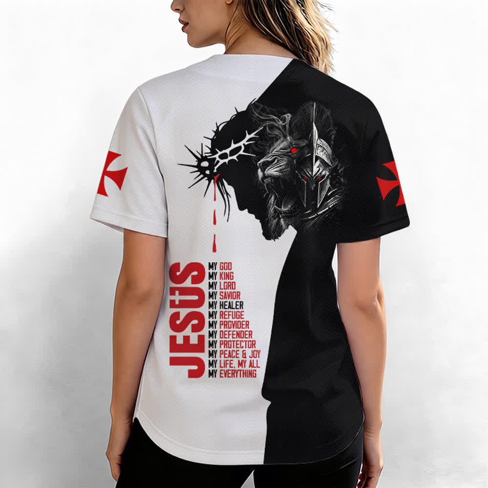 Christianartworkshop Baseballtrikot mit zweifarbiger Jesus Thorn Lion Street-Motiv - image 3