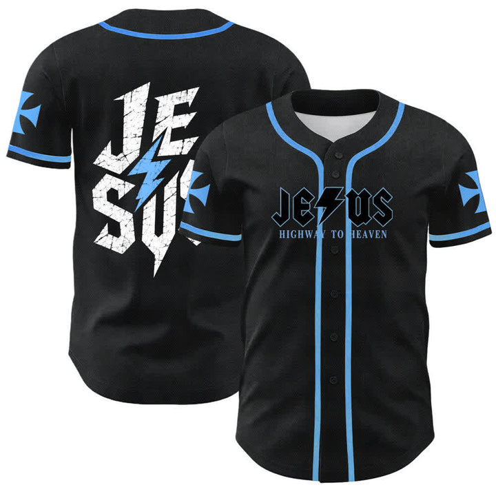 Christianartworkshop Jesus Highway To Heaven Distressed Black Baseball Jersey - Himmelblau - 5XL - image 35
