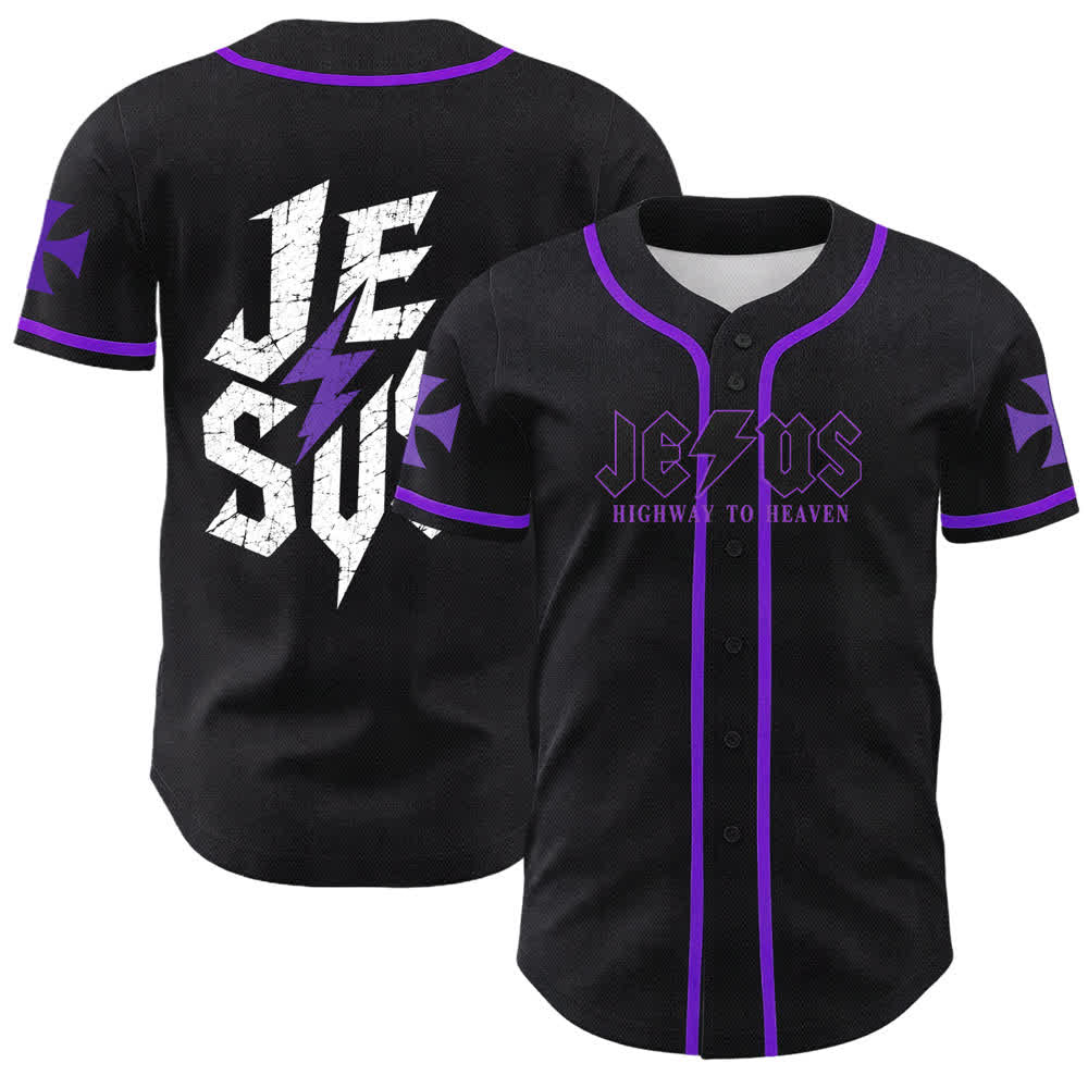 Christianartworkshop Jesus Highway To Heaven Distressed Black Baseball Jersey - Lila - 5XL - image 56