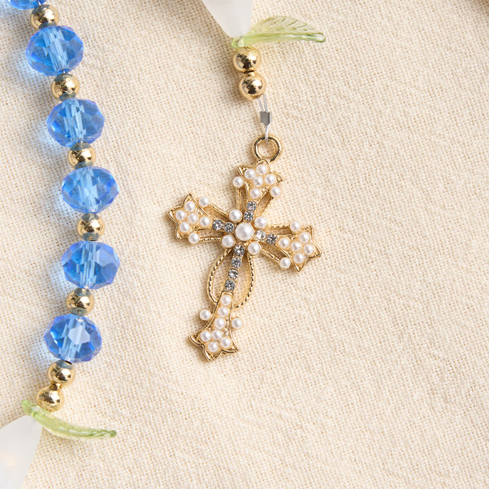 Christianartworkshop Durchscheinender blauer Rosenkranz aus Glas mit Lilienmotiv und perlenbesetztem Kreuz: Sinnbild reiner himmlischer Gelassenheit - image 7