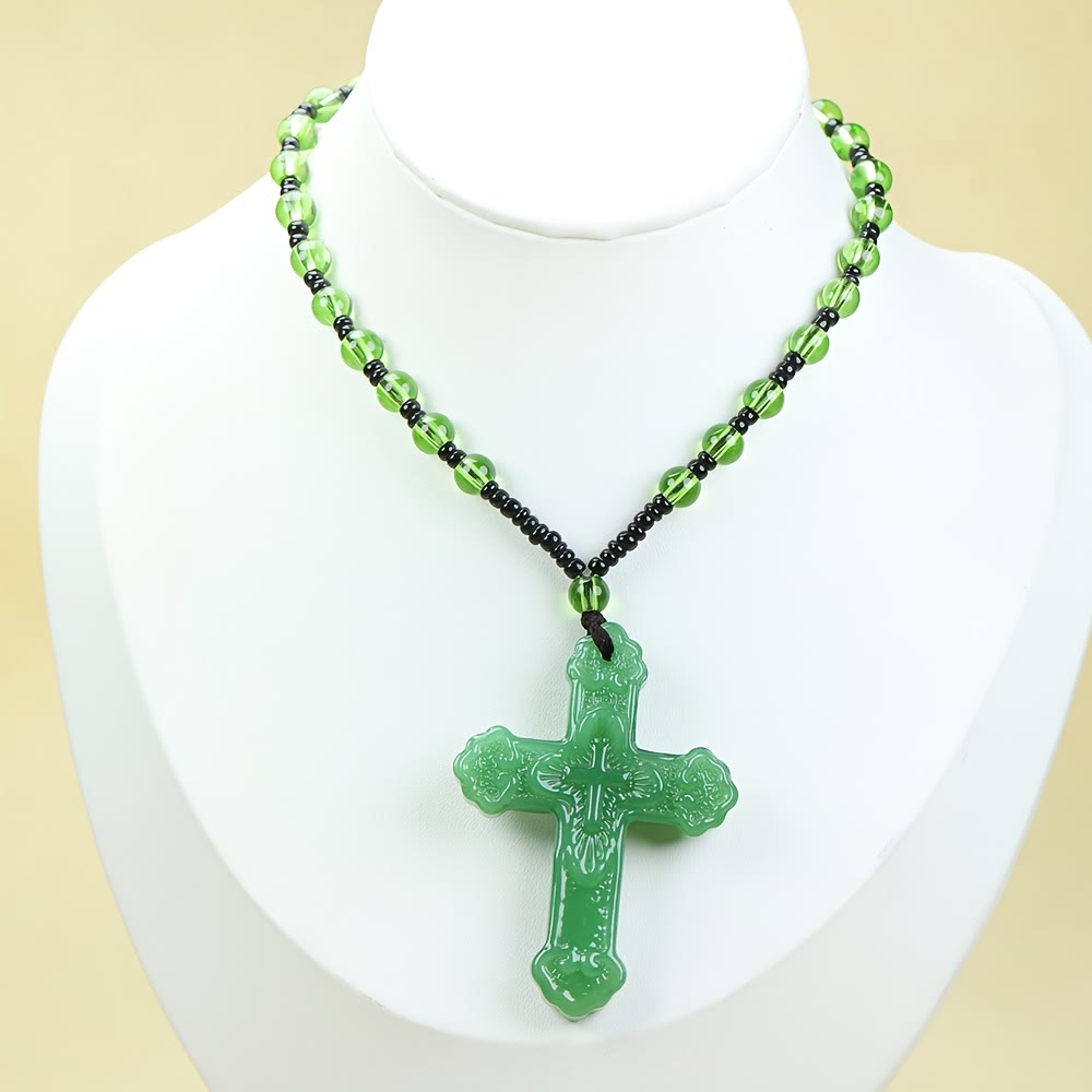 Christianartworkshop Kreuzanhänger aus strukturiertem Glas mit Perlenkette: Symbol göttlicher Gnade - Dunkelgrün - image 5