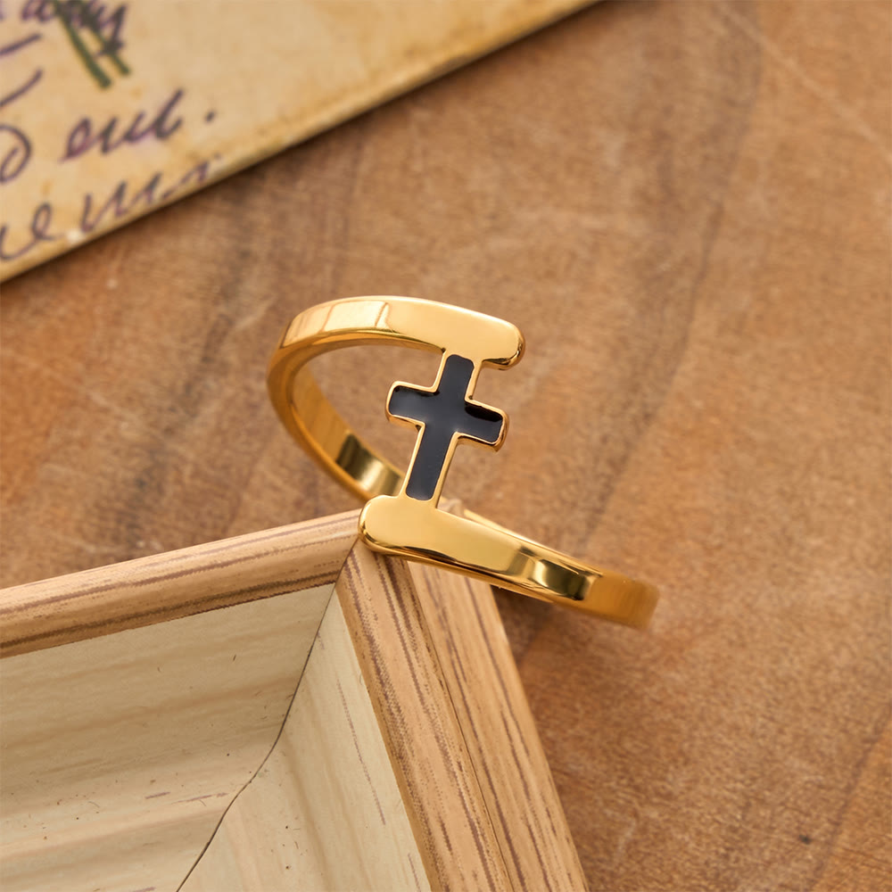Christianartworkshop Gebogener Rahmen, schwarzer Kreuzring mit Einlage: Symbol beständiger himmlischer Führung - Golden - US 8 - image 0