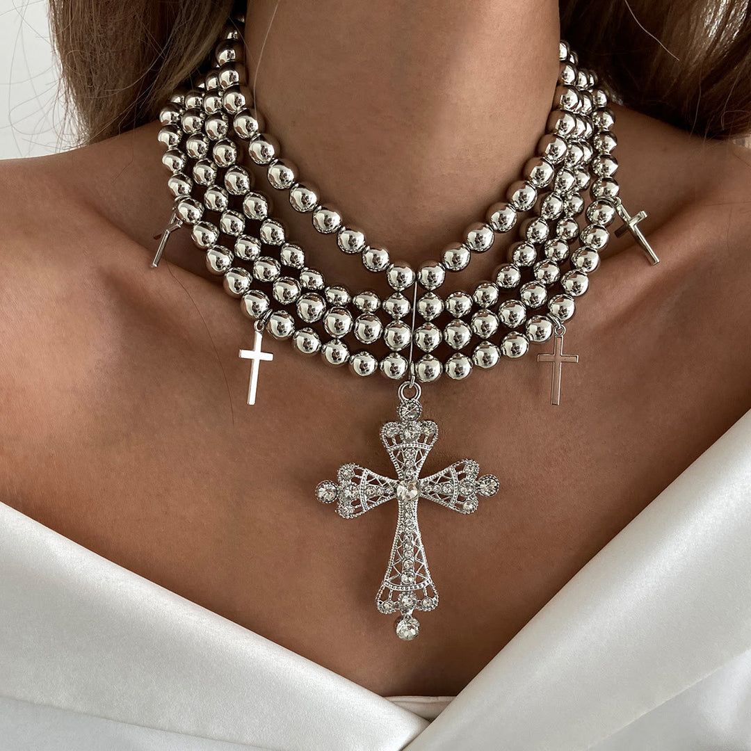 Christianartworkshop Luxuriöses Statement-Choker mit Perlen und funkelndem Kreuz: Trägerin himmlischer Ruhe - Silber - image 6