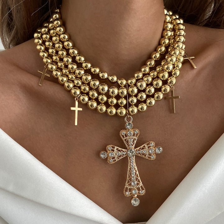 Christianartworkshop Luxuriöses Statement-Choker mit Perlen und funkelndem Kreuz: Trägerin himmlischer Ruhe - Golden - image 0