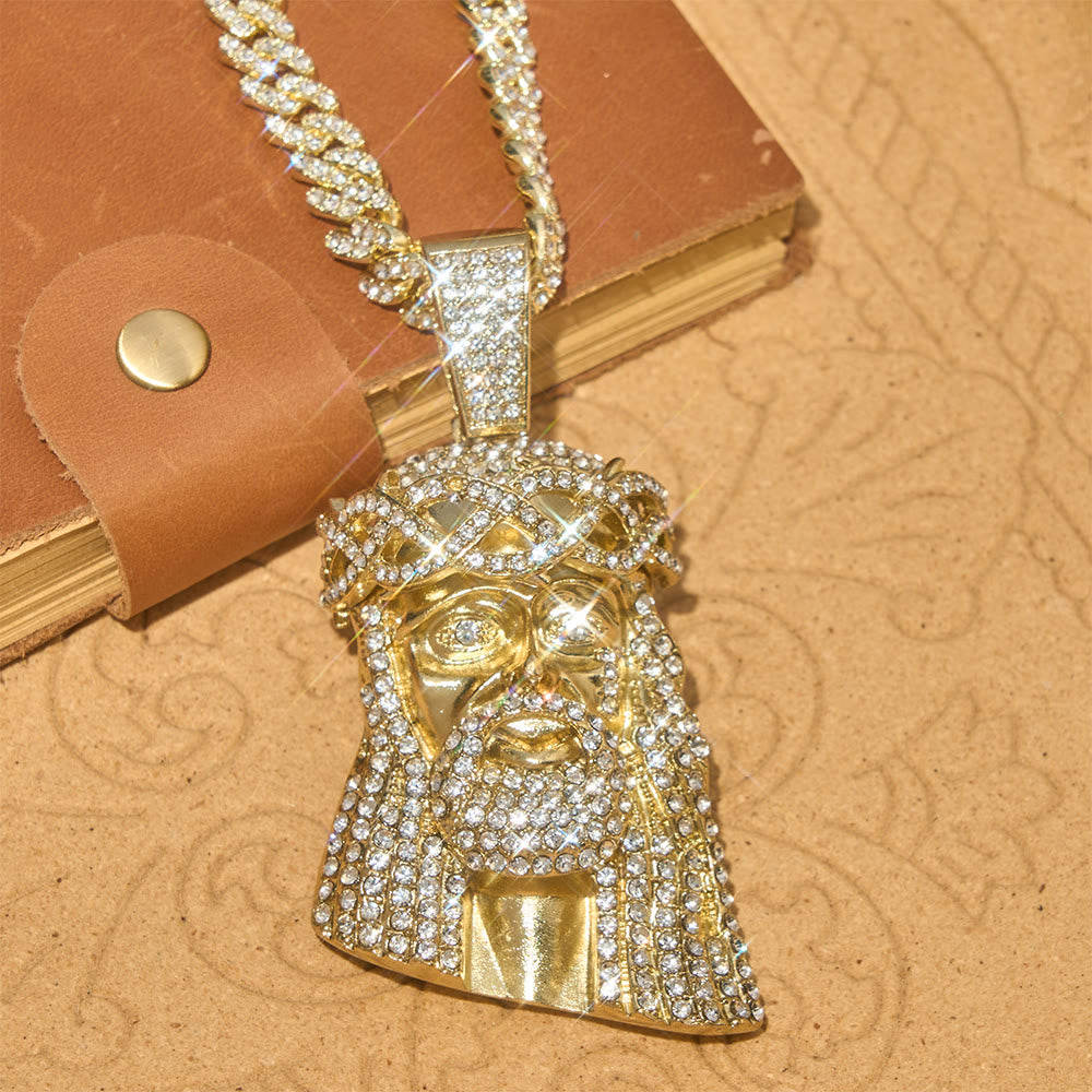 Christianartworkshop Mit Diamanten besetzter Jesuskopf-Anhänger an kubanischer Kette: Symbol unerschütterlicher göttlicher Stärke - Golden - 24 Zoll/60 cm - image 0