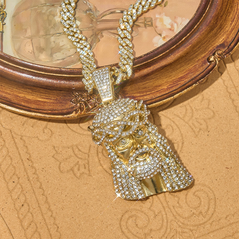 Christianartworkshop Mit Diamanten besetzter Jesuskopf-Anhänger an kubanischer Kette: Symbol unerschütterlicher göttlicher Stärke - image 3