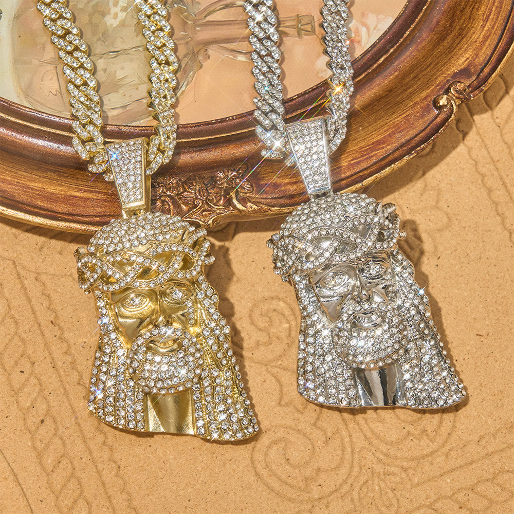 Christianartworkshop Mit Diamanten besetzter Jesuskopf-Anhänger an kubanischer Kette: Symbol unerschütterlicher göttlicher Stärke - image 1