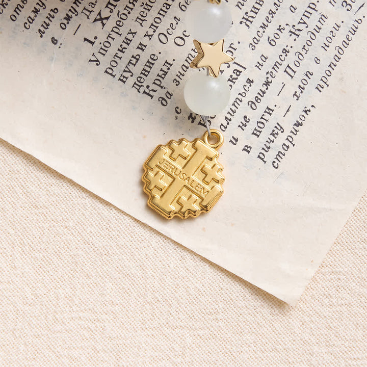 Christianartworkshop Rosenkranz aus weißem Kristall mit Sternenmuster und Jerusalemkreuz: Zeichen sanften göttlichen Schutzes - image 6