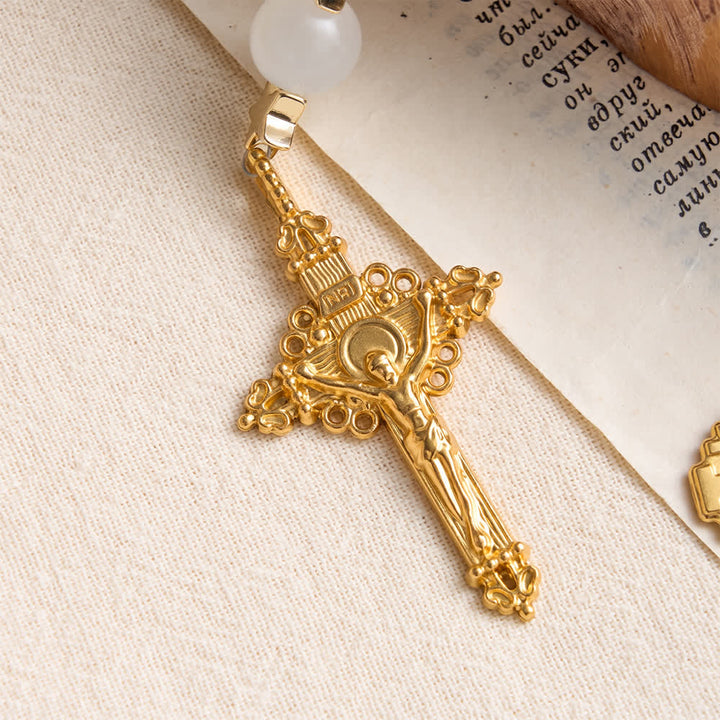 Christianartworkshop Rosenkranz aus weißem Kristall mit Sternenmuster und Jerusalemkreuz: Zeichen sanften göttlichen Schutzes - image 7