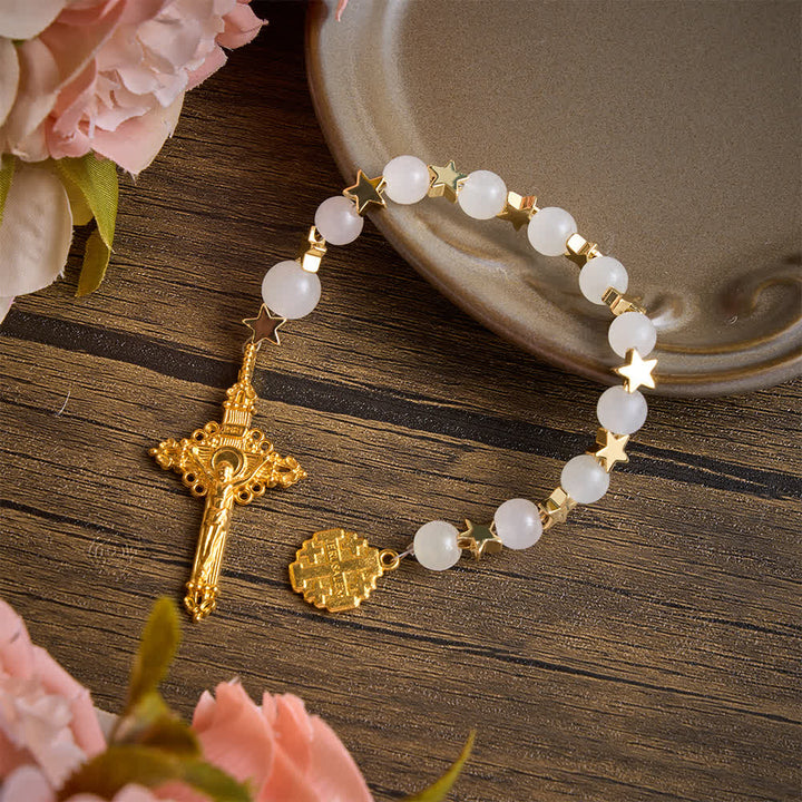 Christianartworkshop Rosenkranz aus weißem Kristall mit Sternenmuster und Jerusalemkreuz: Zeichen sanften göttlichen Schutzes - image 3