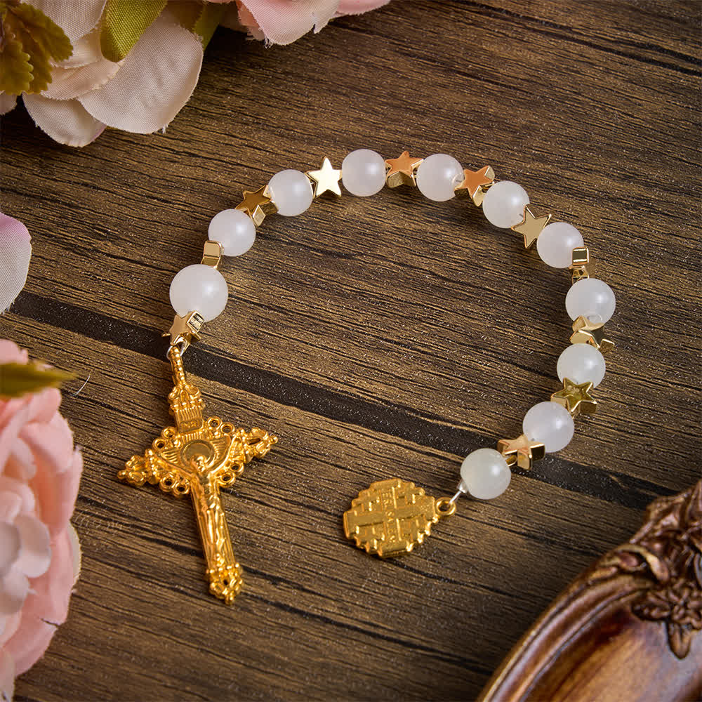 Christianartworkshop Rosenkranz aus weißem Kristall mit Sternenmuster und Jerusalemkreuz: Zeichen sanften göttlichen Schutzes - Weißer Kristall-Taschenrosenkranz - image 0