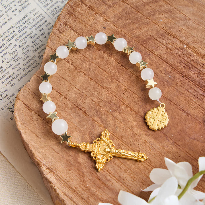 Christianartworkshop Rosenkranz aus weißem Kristall mit Sternenmuster und Jerusalemkreuz: Zeichen sanften göttlichen Schutzes - image 2