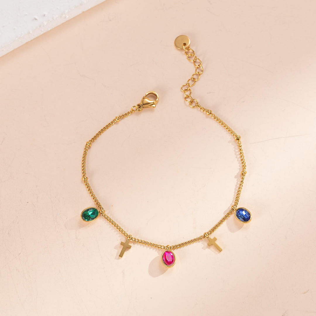 Christianartworkshop Zartes Armband mit Edelsteinkreuz und dünner Kette: Symbol strahlenden himmlischen Segens - Smaragdgrün + Rosa + Königsblau - image 5
