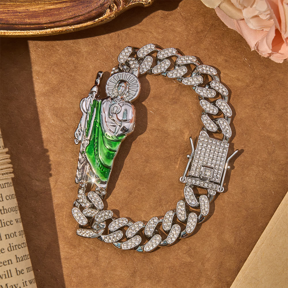 Christianartworkshop Luxuriöses, eisbesetztes Saint Jude Armband im kubanischen Stil: Träger beständigen, gesegneten Trostes. - Silber - 9,05 Zoll / 23 cm - image 0