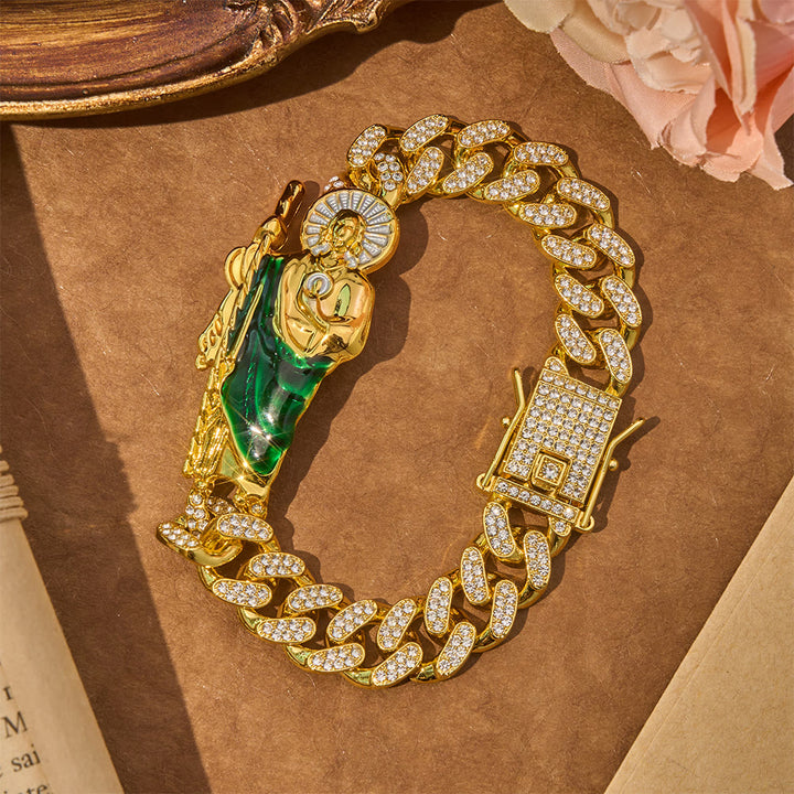 Christianartworkshop Luxuriöses, eisbesetztes Saint Jude Armband im kubanischen Stil: Träger beständigen, gesegneten Trostes. - Golden - 9,05 Zoll / 23 cm - image 3