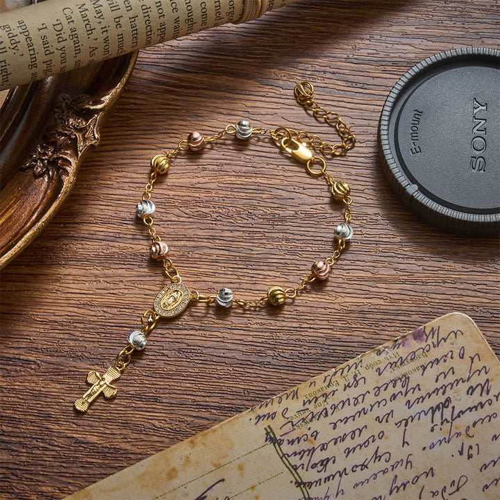 Christianartworkshop Zartes Armband mit strukturierter Perle und Kreuzmotiv Unserer Lieben Frau von Guadalupe: Trägerin unvergänglicher heiliger Gnade - Unsere Liebe Frau und das Kreuz B - image 2