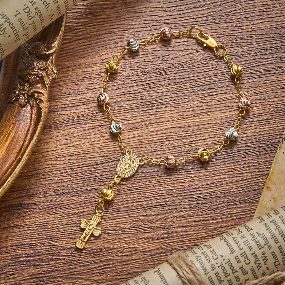 Christianartworkshop Zartes Armband mit strukturierter Perle und Kreuzmotiv Unserer Lieben Frau von Guadalupe: Trägerin unvergänglicher heiliger Gnade - Unsere Liebe Frau und das Kreuz A - image 0