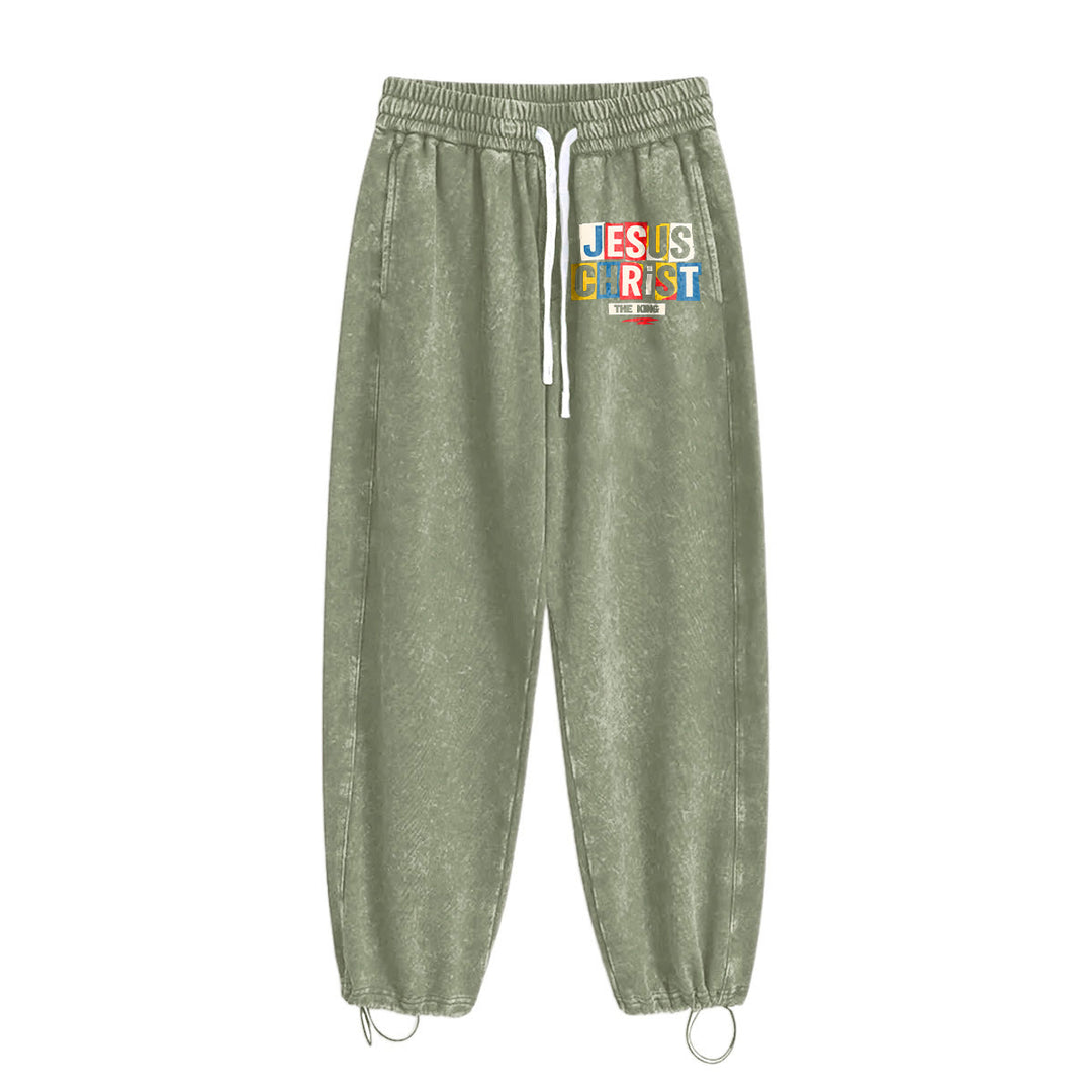 Christianartworkshop Retro Multi‑Color Jesus Christ The King Statement Washed Sweatpants - image 13