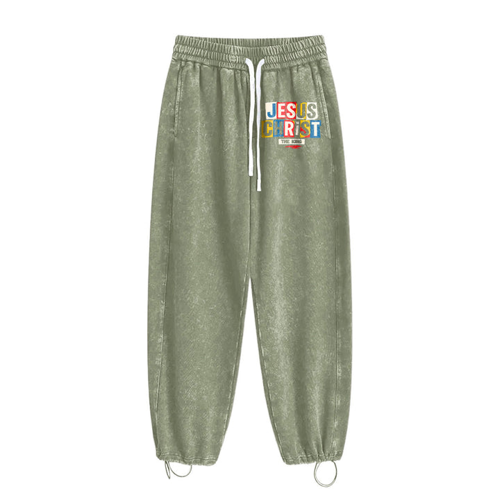 Christianartworkshop Retro Multi‑Color Jesus Christ The King Statement Washed Sweatpants - image 13