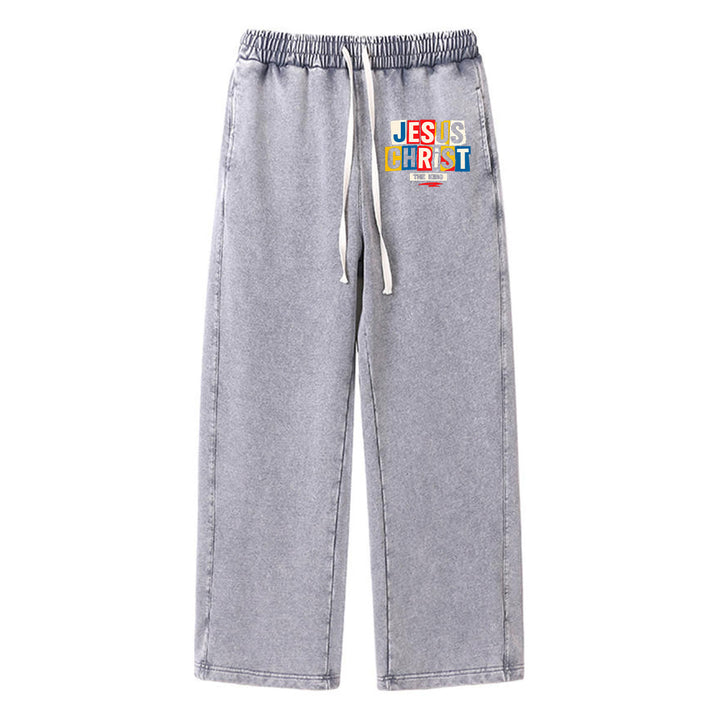 Christianartworkshop Retro Multi‑Color Jesus Christ The King Statement Washed Sweatpants - Grau - XL - image 3