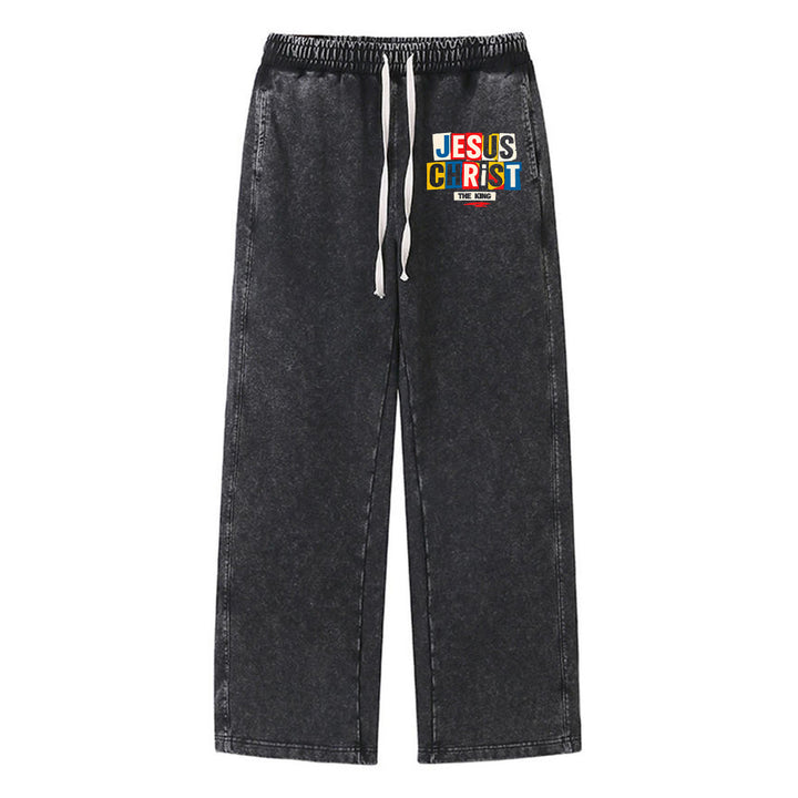 Christianartworkshop Retro Multi‑Color Jesus Christ The King Statement Washed Sweatpants - Schwarz - XL - image 0