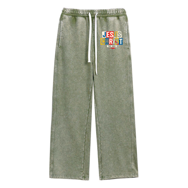 Christianartworkshop Retro Multi‑Color Jesus Christ The King Statement Washed Sweatpants - Armeegrün - XL - image 12