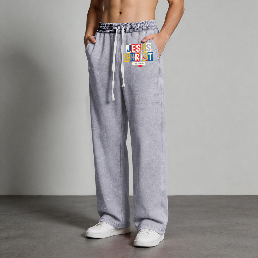 Christianartworkshop Retro Multi‑Color Jesus Christ The King Statement Washed Sweatpants - image 5