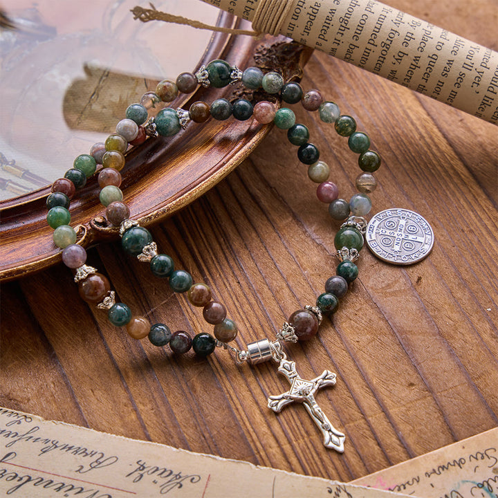 Christianartworkshop Armband mit dem heiligen Benedikt und dem wundertätigen Kristallkreuz: Träger heiliger Stärke - Indischer Achat & St. Benedikt - image 0