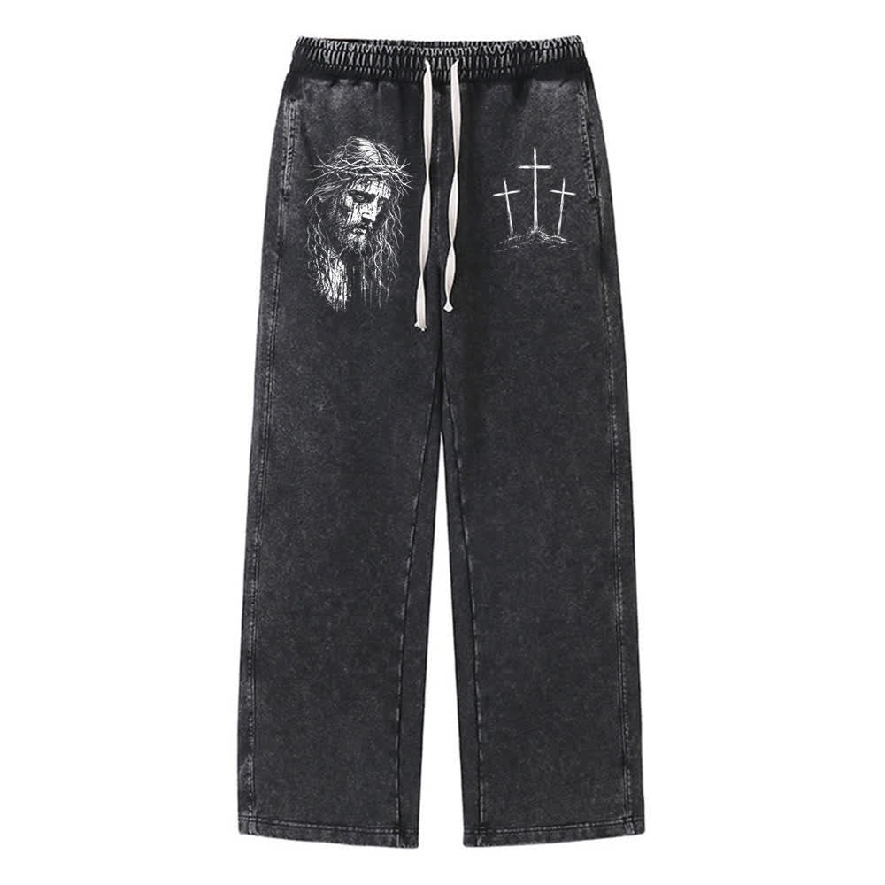 Christianartworkshop Vintage-Skizze Jesus mit drei Kreuzen Statement-Sweatpants - Schwarz - XL - image 0